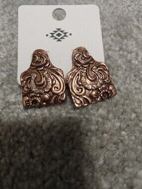 western Copper-Tone Filigree Drop Earrings with Crystal Accents cow tag posts